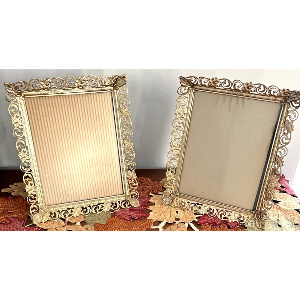 Pair of Ornate Vintage Metal Photo Frames Gold Filigree Hollywood Regency 10x12